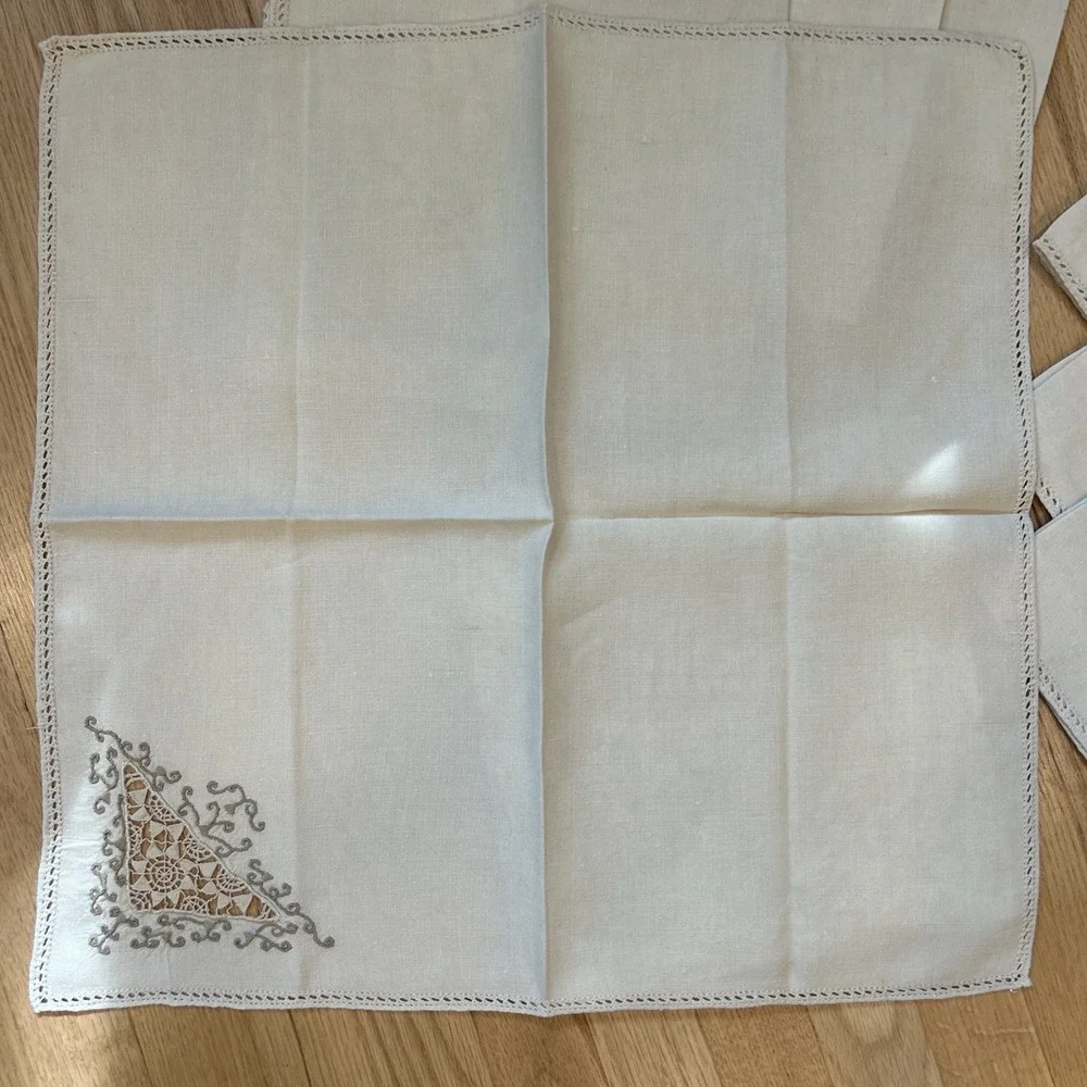 Vintage Madeira Linen Dinner Napkins Set 11 Taupe Embroidered Needle Lace XL